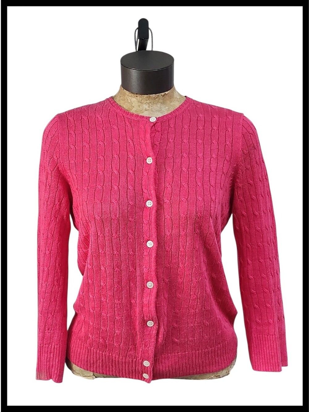 J. Crew 100% Linen Cableknit Button Cardigan Top 3/4 Sleeve Hot Pink Size Medium